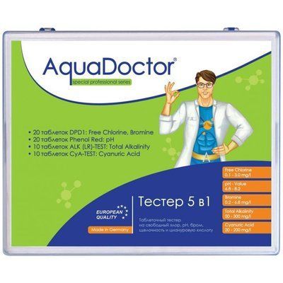 Тестер AquaDoctor 5 в1 таблеточный pH,CL,Br,Cy,Alk (20 тестов, Германия) 23546 фото